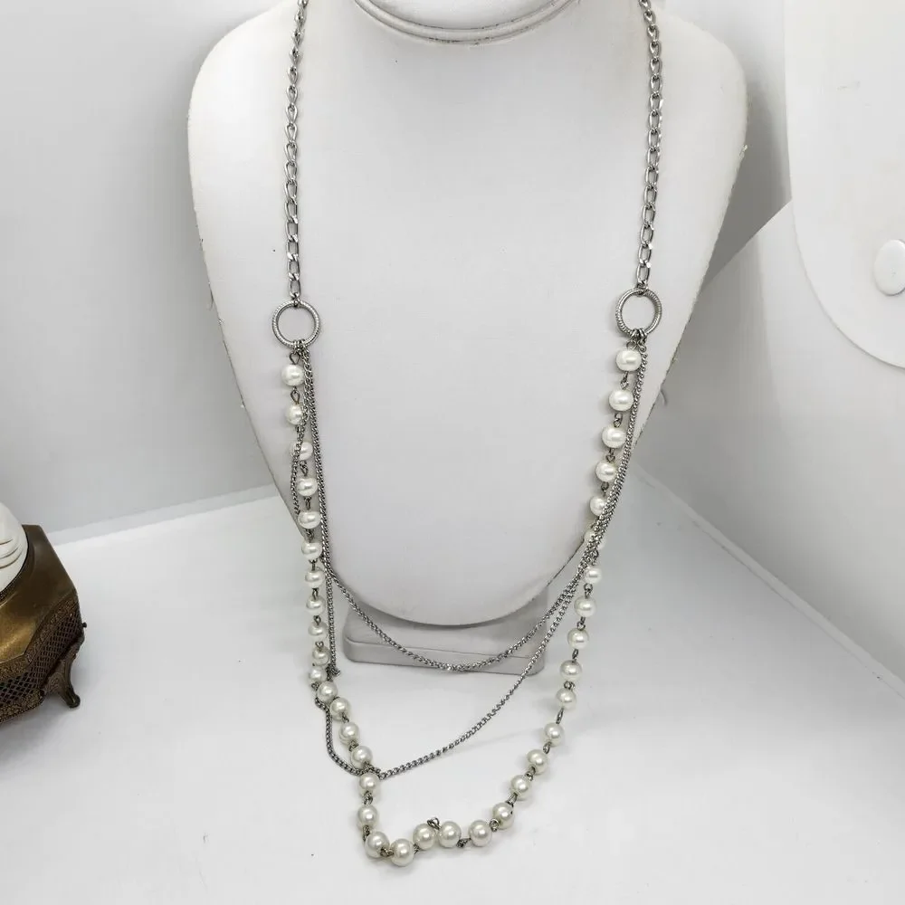 Layered Silver‎ Tone Faux Pearl Long Necklace